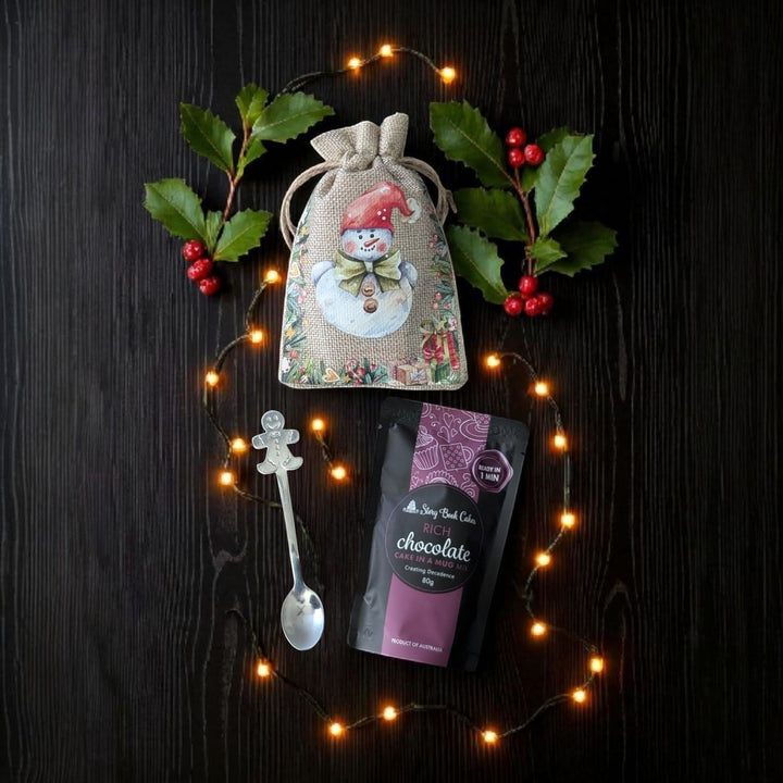 Cute Christmas Burlap Gift Bag with 1  Mud Cake in a Mug + a Cute Silver Spoon