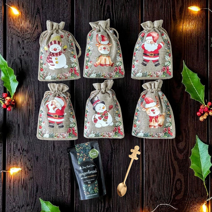 Fun Christmas Burlap Gift Bag with 1  Mud Cake in a Mug + a Cute Gold Spoon