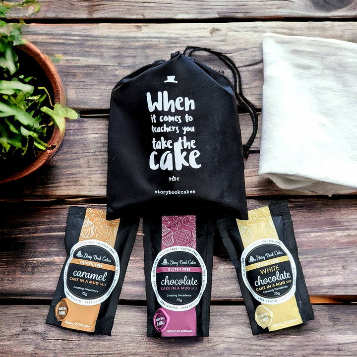 Teacher gift - Reusable gift bag with 3 x Gluten-Free Cake in a mugs