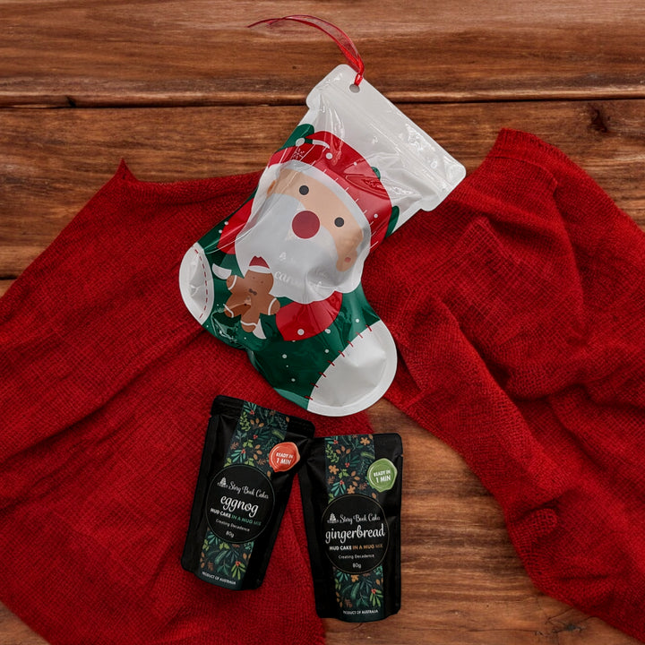 Christmas stocking with 2 x Mud Cake in a Mug