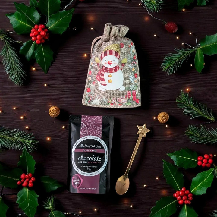 Gluten Free Christmas Burlap Gift Bag with 1 Mud Cake in a Mug + a Cute Gold Spoon