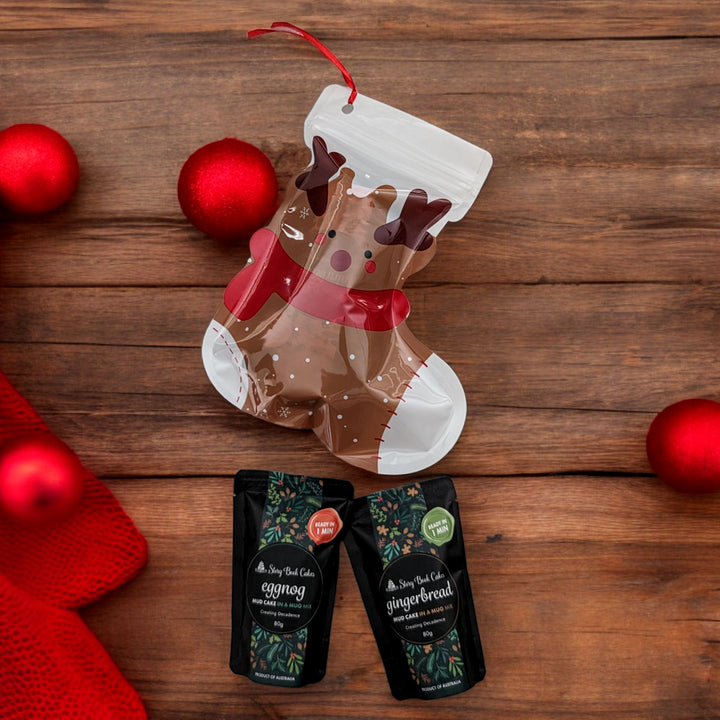 Christmas stocking with 2 x Mud Cake in a Mug