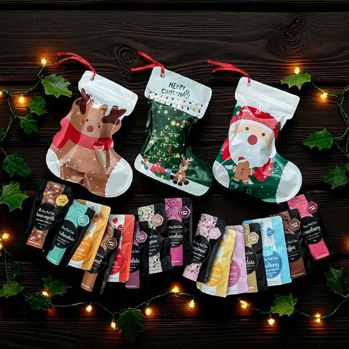 Christmas stocking with 2 x Mud Cake in a Mug