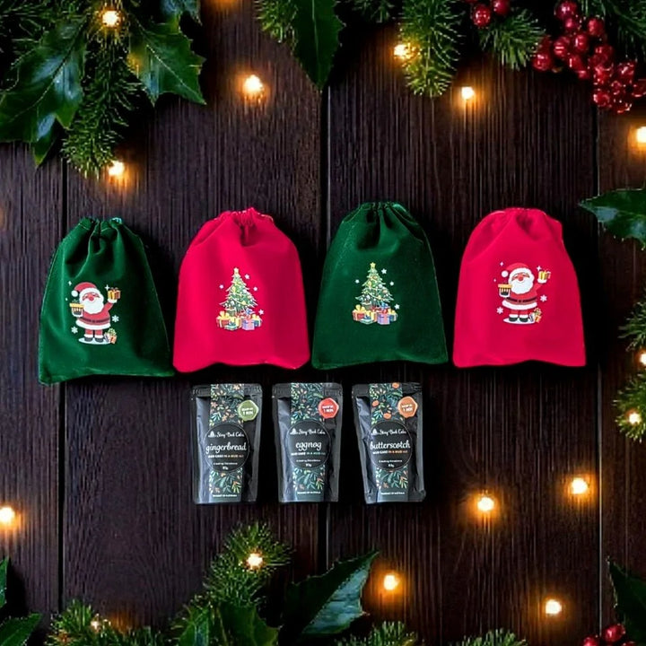 Velvet Christmas gift bag with 3 x Mud Cake in a Mug