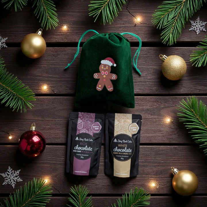 Velvet Christmas gift bag with 2 x Mud Cake in a Mug