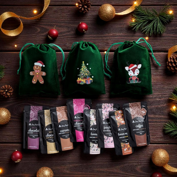 Velvet Christmas gift bag with 2 x Mud Cake in a Mug