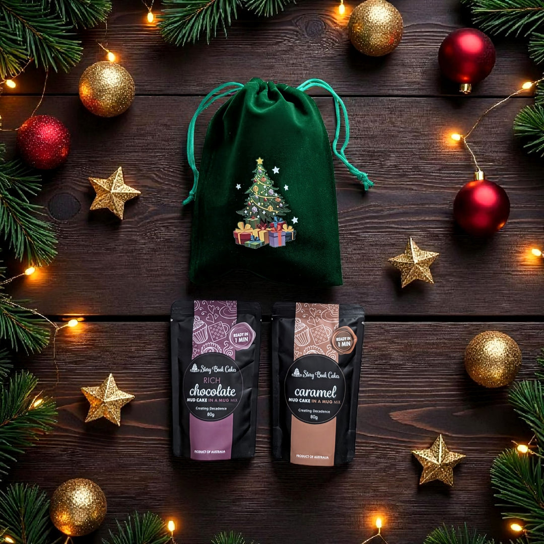 Velvet Christmas gift bag with 2 x Mud Cake in a Mug
