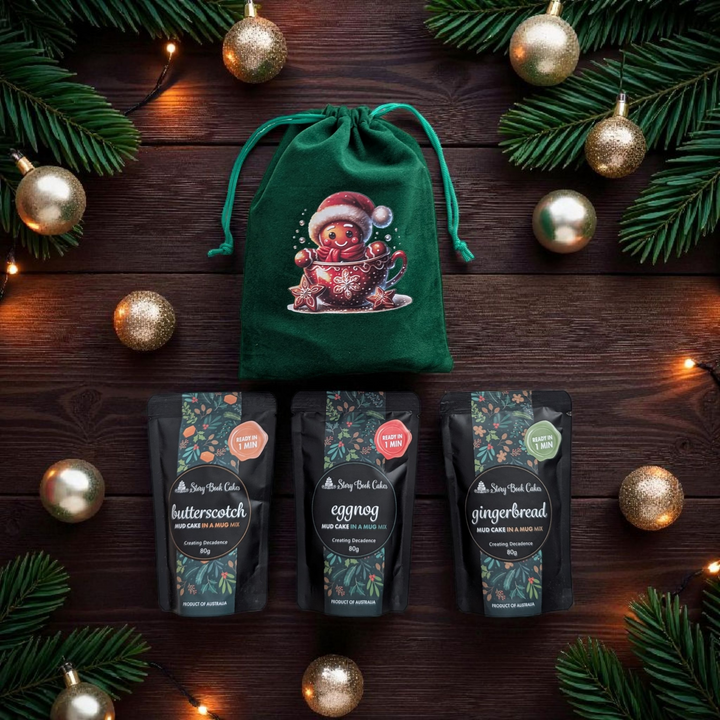Burgundy & Green Velvet Christmas gift bag with 3 x Mud Cake in a Mug