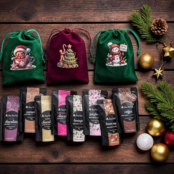 Burgundy & Green Velvet Christmas gift bag with 3 x Mud Cake in a Mug