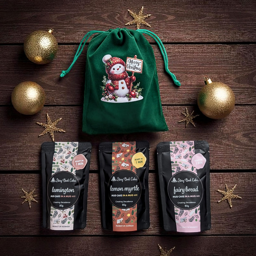 Burgundy & Green Velvet Christmas gift bag with 3 x Mud Cake in a Mug