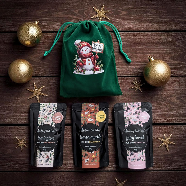 Burgundy & Green Velvet Christmas gift bag with 3 x Mud Cake in a Mug