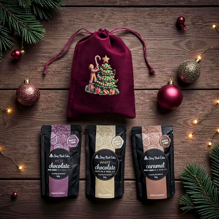 Burgundy & Green Velvet Christmas gift bag with 3 x Mud Cake in a Mug