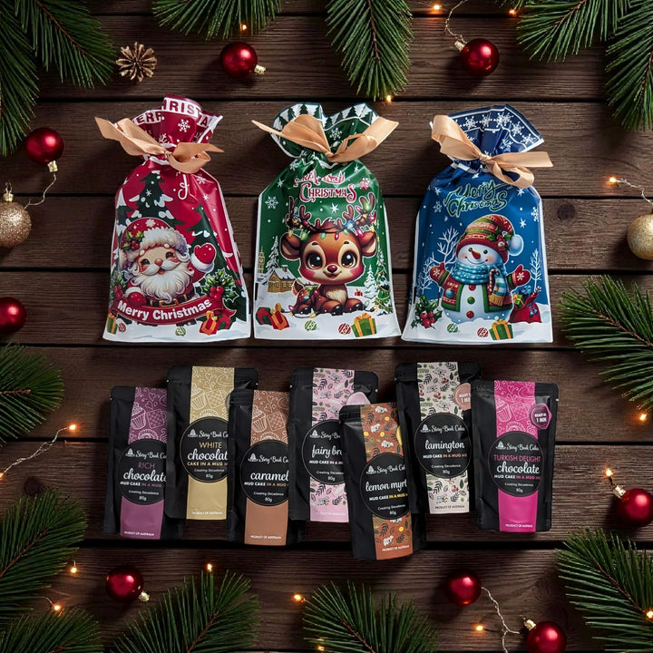 Sweet Christmas gift bag with Gold Bows and 3 x Mud Cake in a Mug