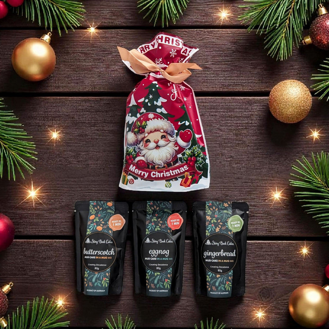 Sweet Christmas gift bag with Gold Bows and 3 x Mud Cake in a Mug