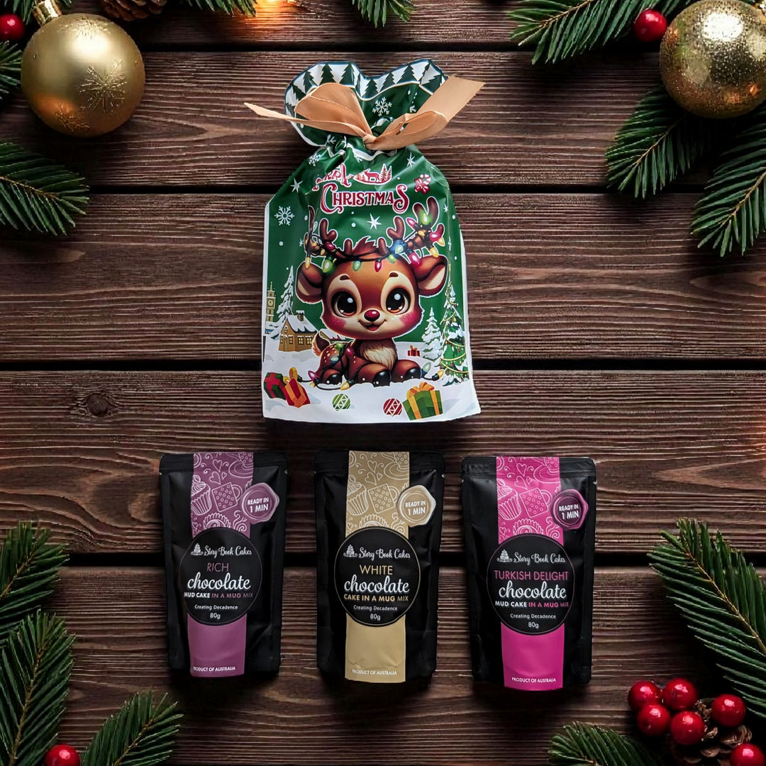 Sweet Christmas gift bag with Gold Bows and 3 x Mud Cake in a Mug