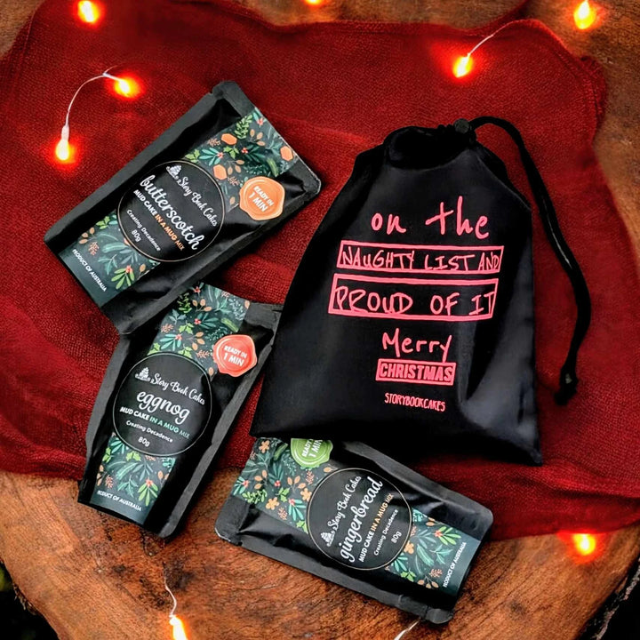 On The Naughty List gift bag with 3 x Mud Cake in a Mug