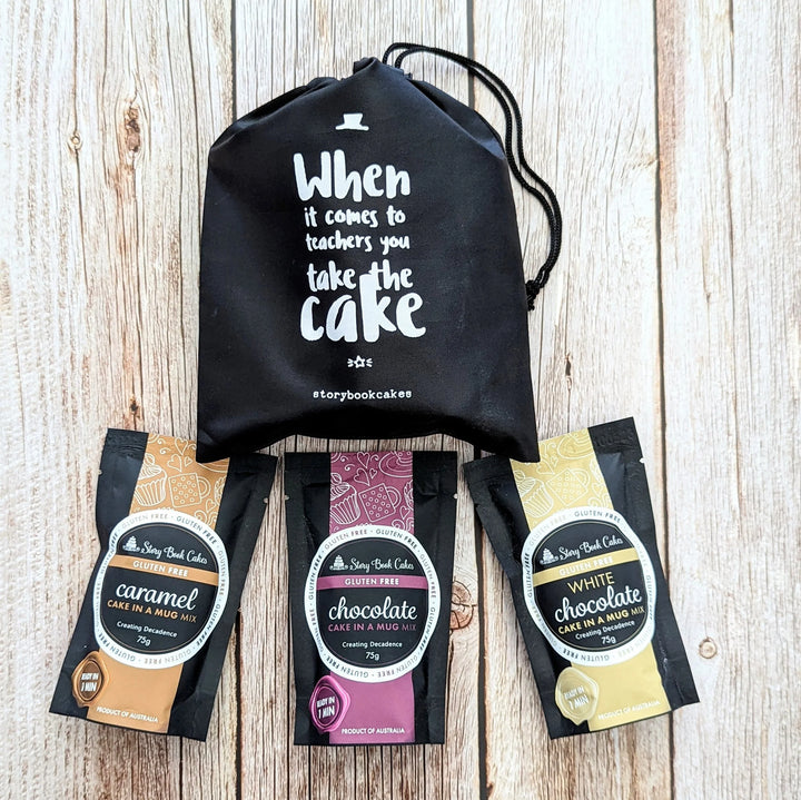 Teacher gift - Reusable gift bag with 3 x Gluten-Free Cake in a mugs