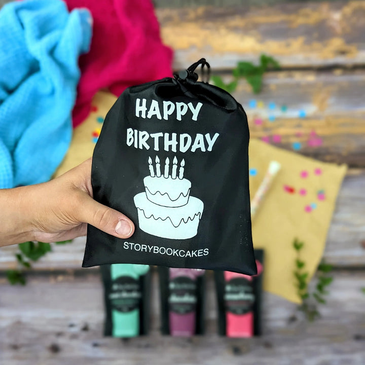 Happy Birthday Gift Bag - Reusable gift bag with 3 x cake in a mug & a tube of rainbow sprinkles