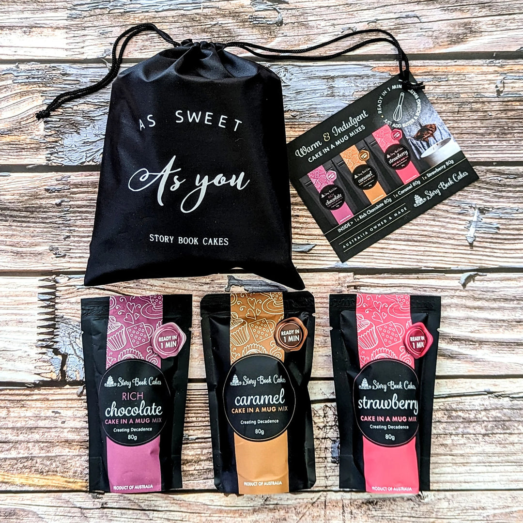 WS As Sweet As You Pack, 3 x Cake in Mug in a Reusable Drawstring Gift Bag