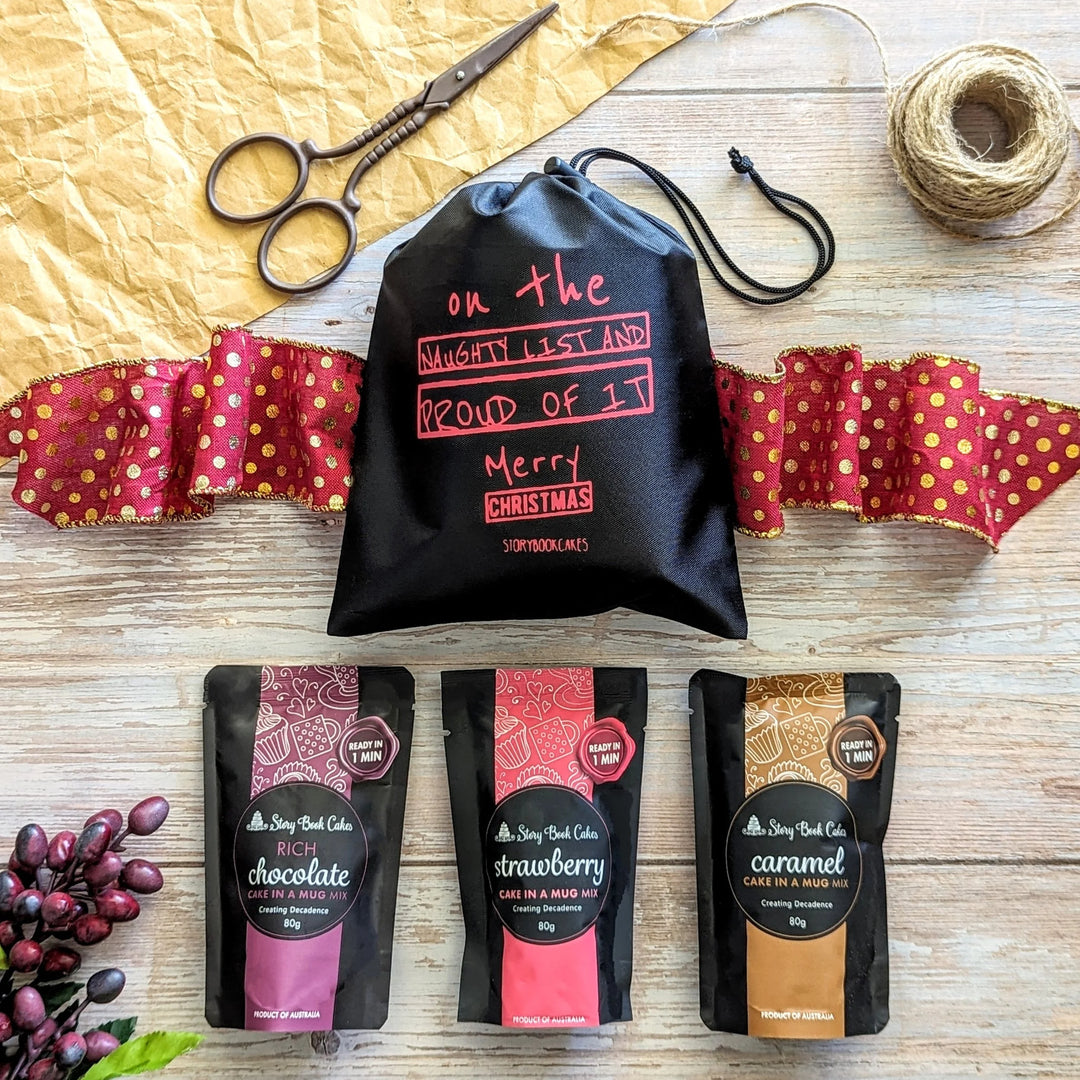 On The Naughty List gift bag with 3 x Mud Cake in a Mug