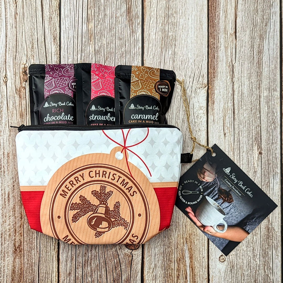 WS Merry Christmas Tag Gift Pack, 3 x Cake in Mug in a Reusable Zip Up Gift Bag