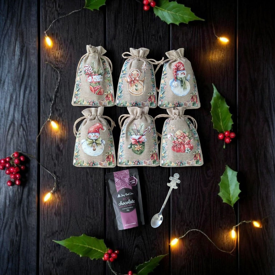 Cute Christmas Burlap Gift Bag with 1  Mud Cake in a Mug + a Cute Silver Spoon