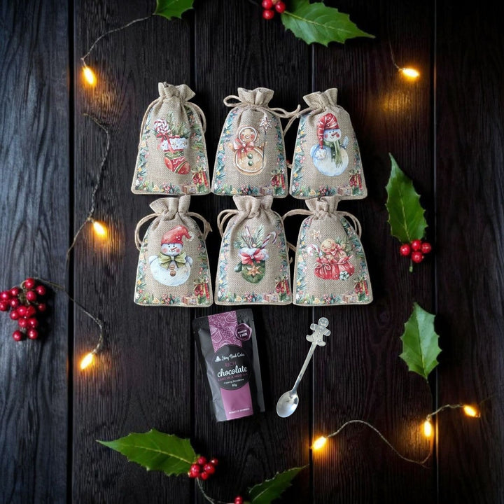 Cute Christmas Burlap Gift Bag with 1  Mud Cake in a Mug + a Cute Silver Spoon