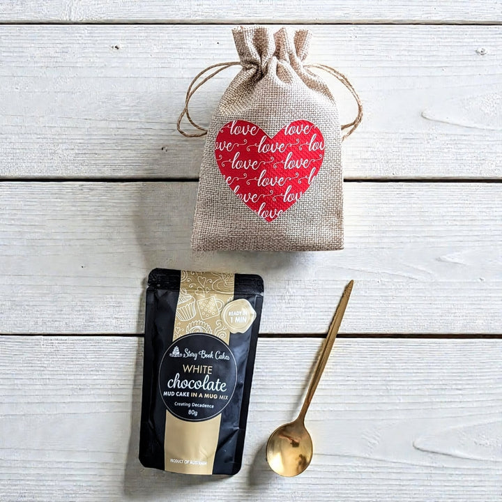 Heart Burlap Gift Bag with 1 Mud Cake in a mug + a cute spoon