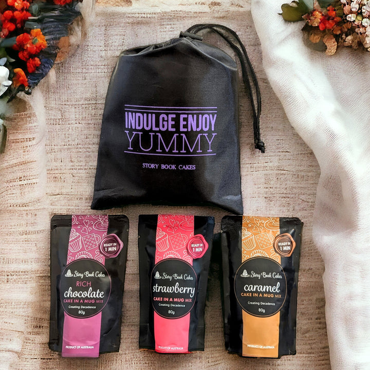 Indulge, Enjoy, Yummy Gift Bag with 3 x Mud Cake in a mug
