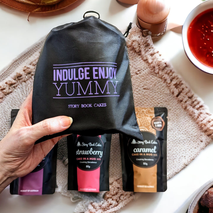 Indulge, Enjoy, Yummy Gift Bag with 3 x Mud Cake in a mug