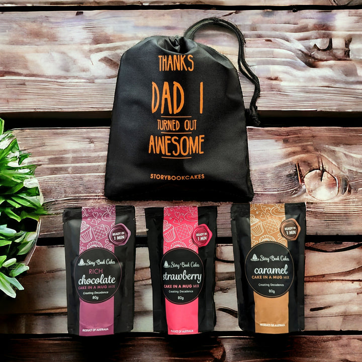 Thanks Dad I Turned Out Awesome - Reusable gift bag with 3 x Cake in a Mug