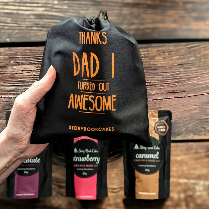 Thanks Dad I Turned Out Awesome - Reusable gift bag with 3 x Cake in a Mug