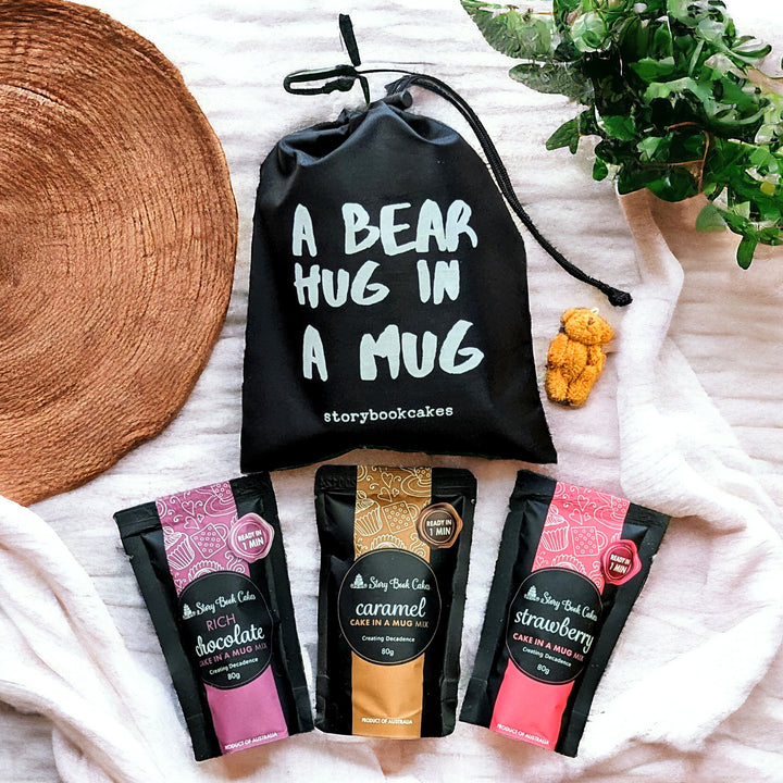 Bear Hug in a Mug - Reusable gift bag with 3 x Cake in a Mug & a Mini Teddy
