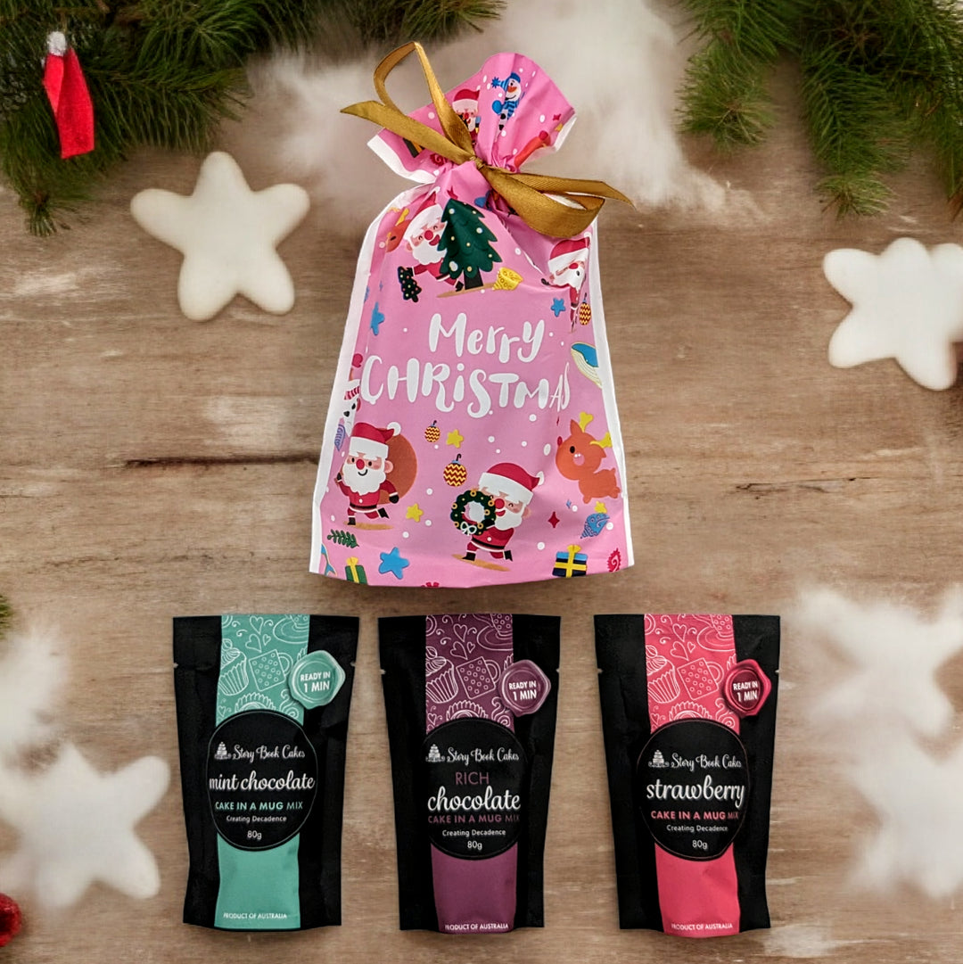Christmas gift bag with Gold Bows and 3 x Mud Cake in a Mug