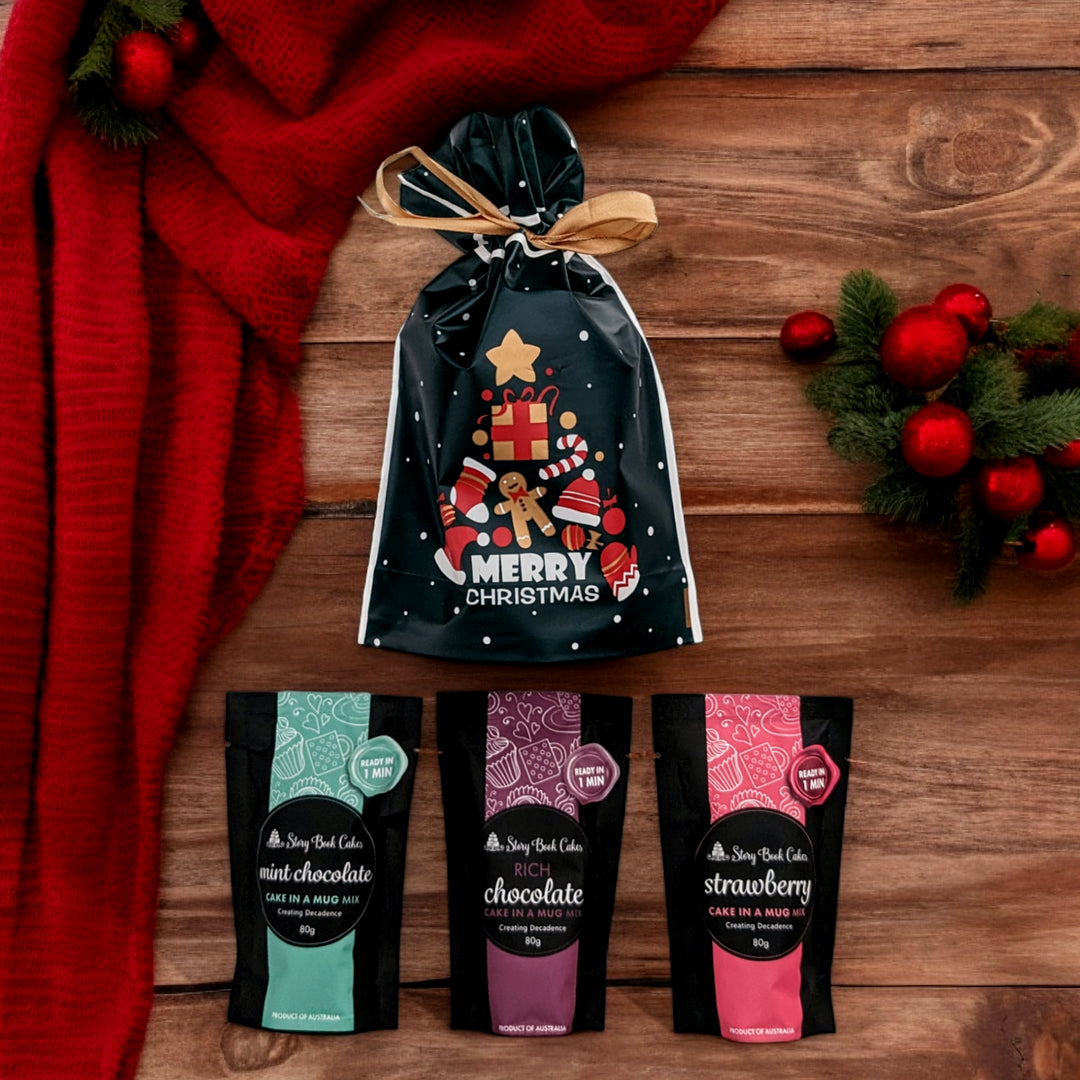 Christmas gift bag with Gold Bows and 3 x Mud Cake in a Mug