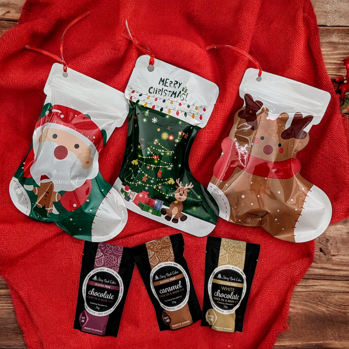 Gluten-Free Christmas stocking with 2 x G/F Mud Cake in a Mug
