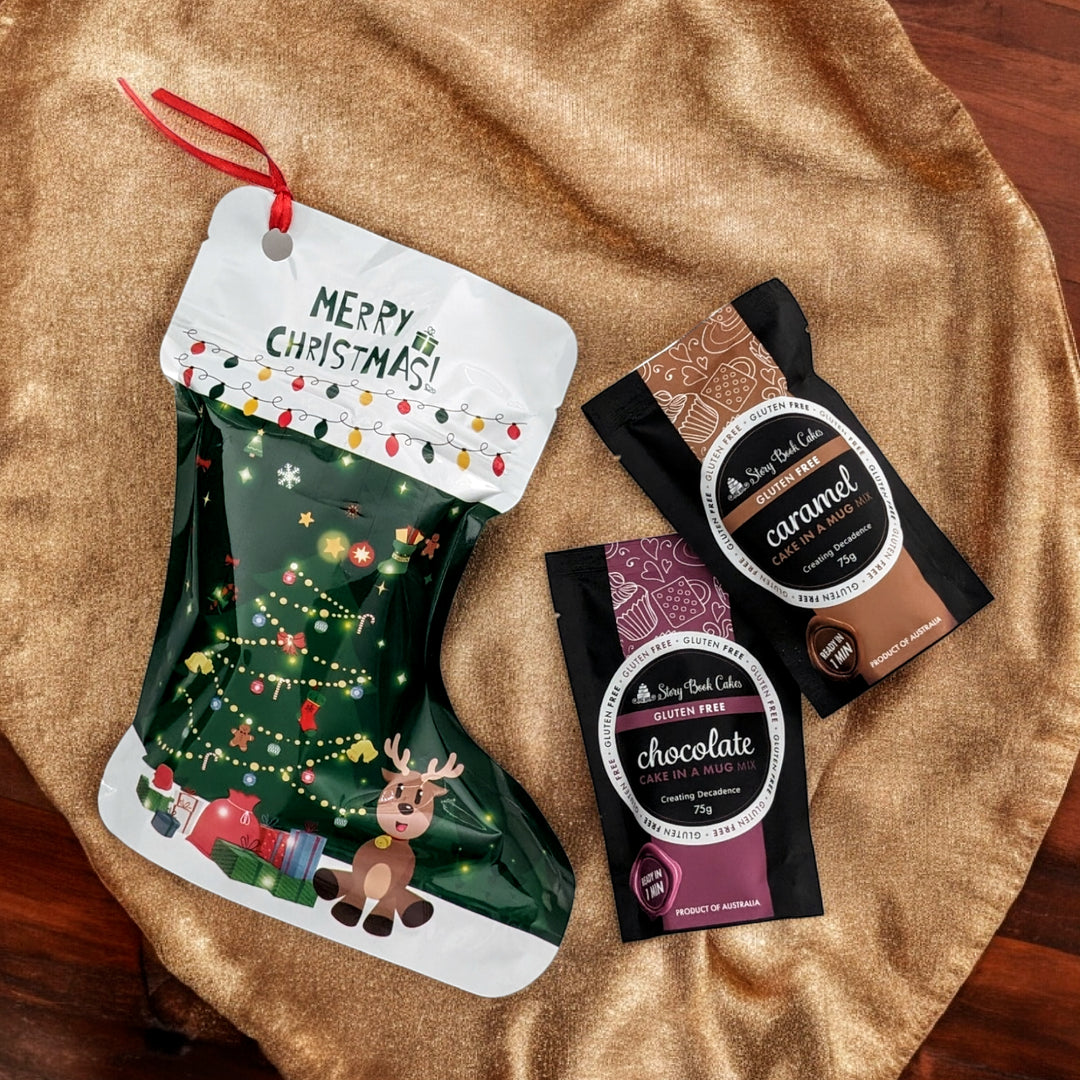 Gluten-Free Christmas stocking with 2 x G/F Mud Cake in a Mug
