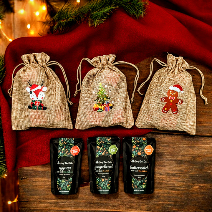 Burlap Christmas gift bag with 3 x Mud Cake in a Mug