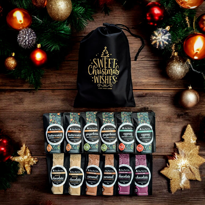 Gluten Free, Sweet Christmas Wishes- Reusable gift bag with 12 of our indulgent cake in a mugs