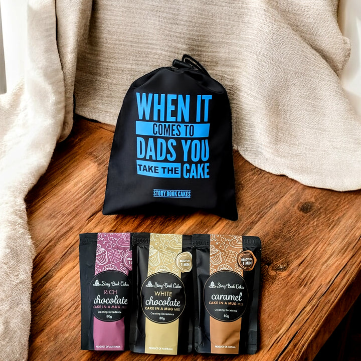 When it Comes to Dads You Take the Cake  - Reusable gift bag with 3 x Mud Cake in a Mugs