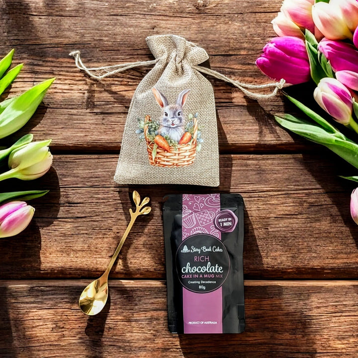 Burlap Easter Gift Bag with 1 Mud Cake in a mug + a cute spoon