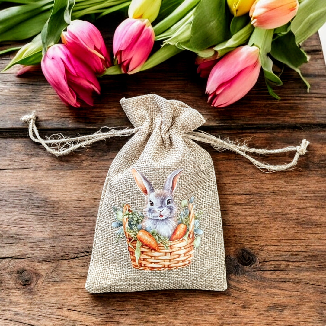 Burlap Easter Gift Bag with 1 Mud Cake in a mug + a cute spoon