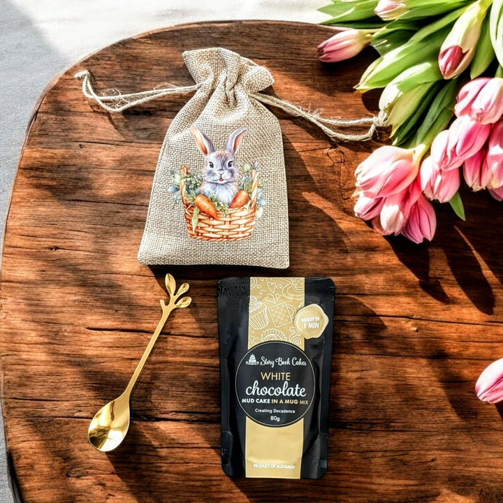 Burlap Easter Gift Bag with 1 Mud Cake in a mug + a cute spoon