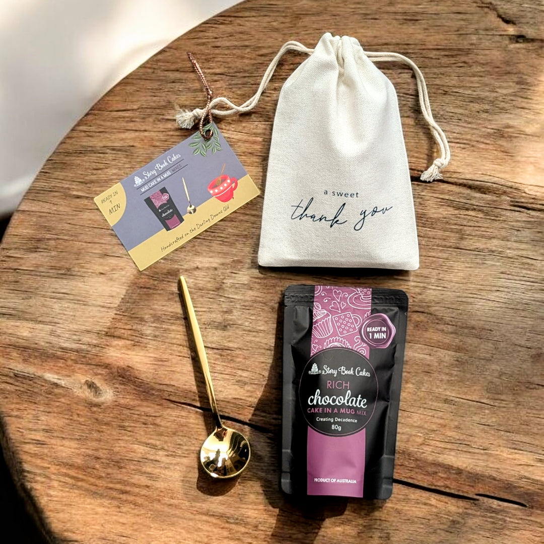 WS A Sweet Thank You Pack, 1 x Cake in Mug in a Reusable Drawstring Gift Bag. Plus a Gold Spoon