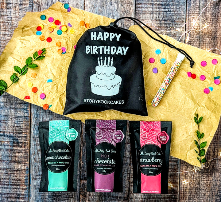 Happy Birthday Gift Bag - Reusable gift bag with 3 x cake in a mug & a tube of rainbow sprinkles