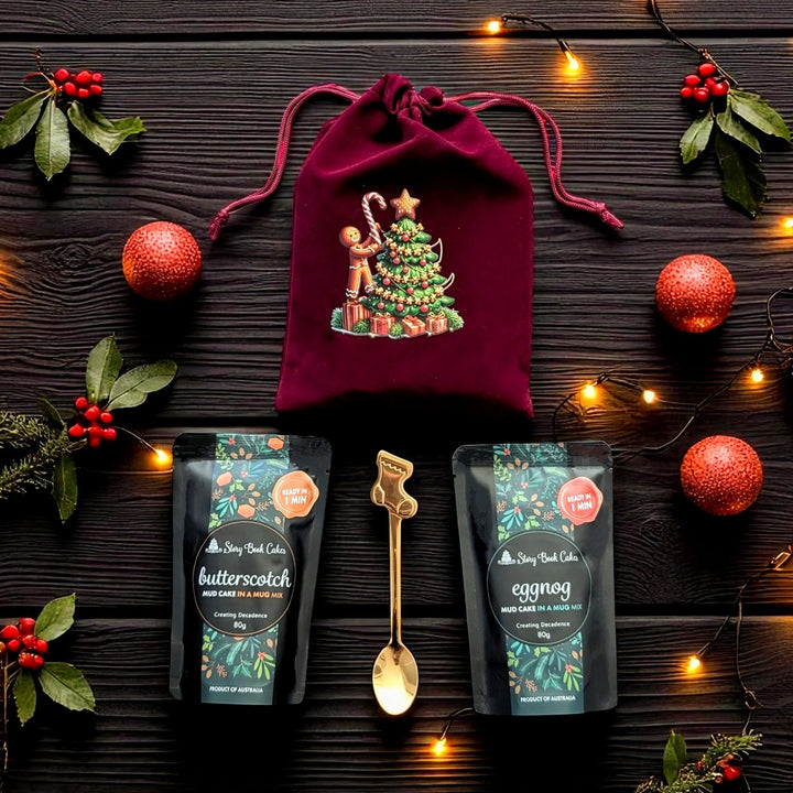 Burgundy Christmas Tree Bag with 2 Christmas Mud Cake in a mugs + a cute gold spoon