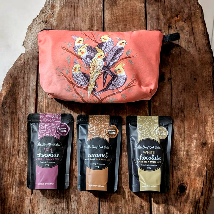 Cockatiel Zip Up Gift Bag Set - 3 x Mud Cake in a Mugs, Pick your own flavours
