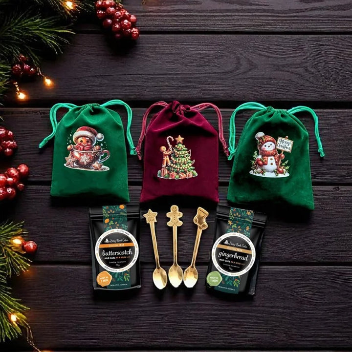 Gluten Free Velvet Christmas Bag with 2 Mud Cake in a mugs + a cute gold spoon