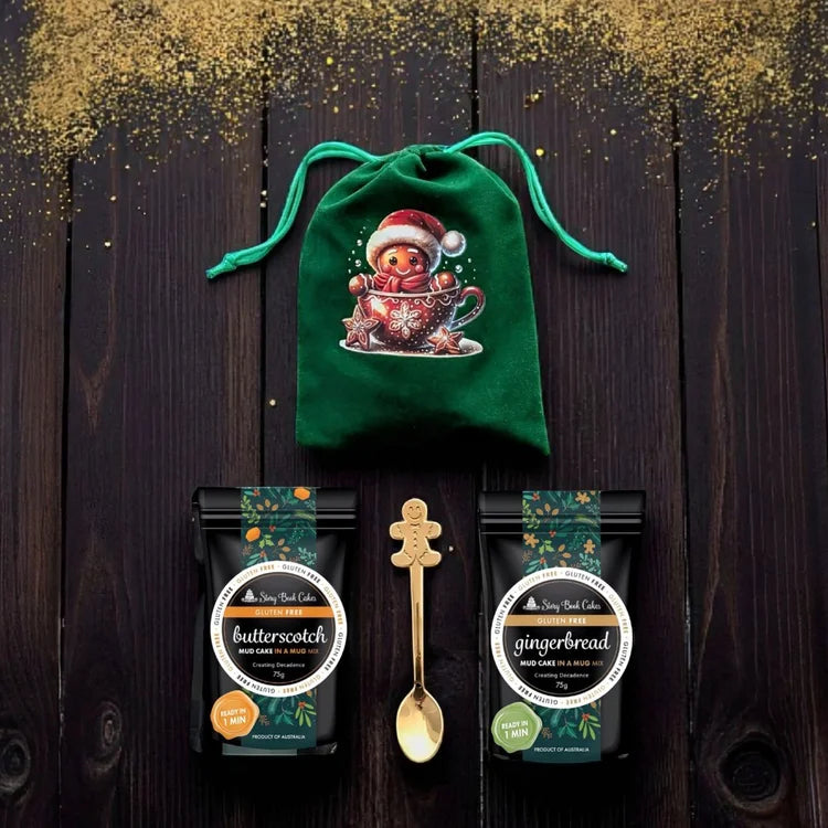 Gluten Free Velvet Christmas Bag with 2 Mud Cake in a mugs + a cute gold spoon