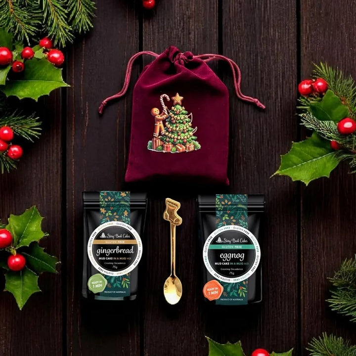 Gluten Free Velvet Christmas Bag with 2 Mud Cake in a mugs + a cute gold spoon